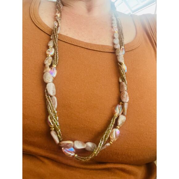 Vintage 30" 14k GE Stone Gold Glass Bead Necklace Statement green mauve Brown - Picture 6 of 14